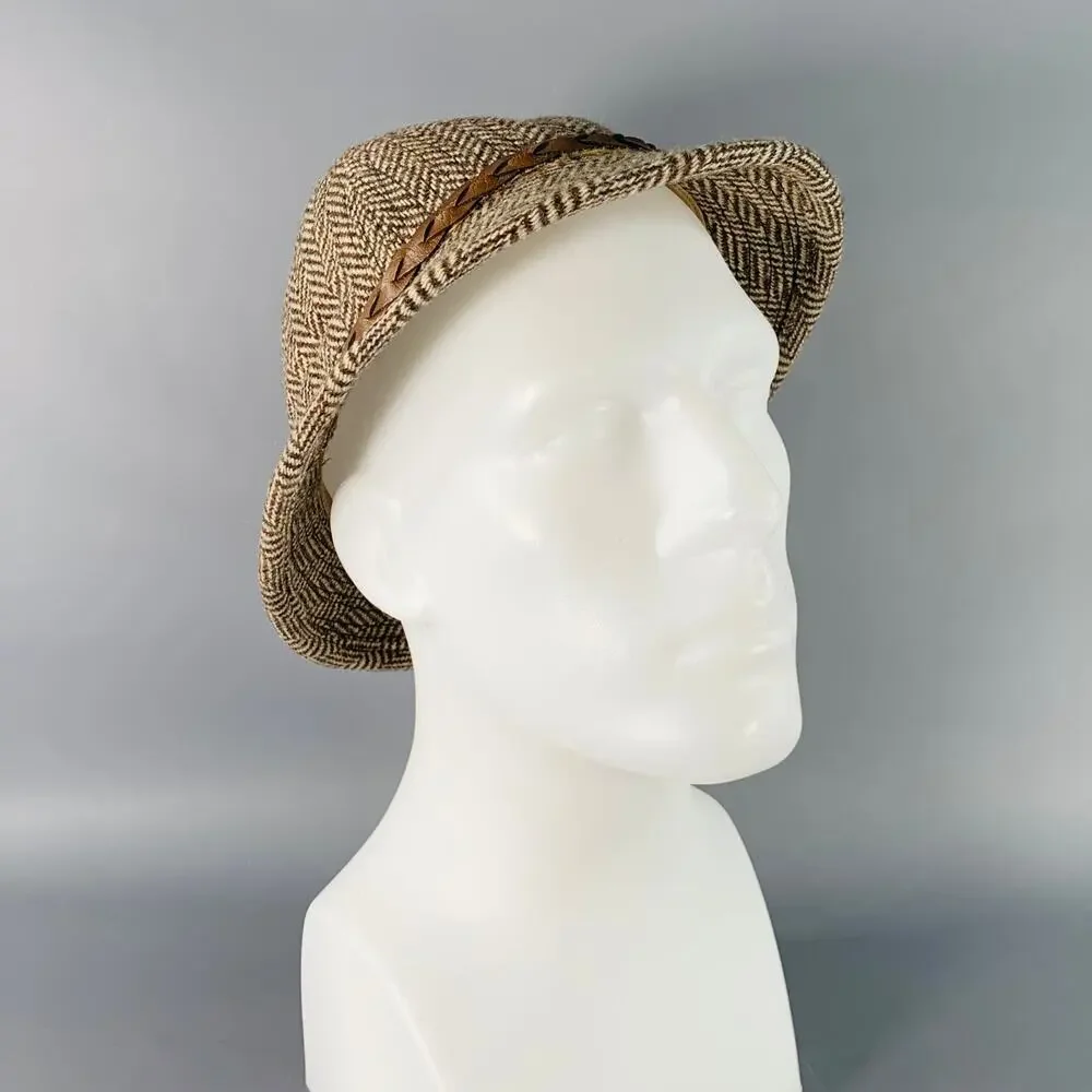 KNOX HATS Vintage Brown Beige Herringbone Braided Leather Trim Fabric Hat